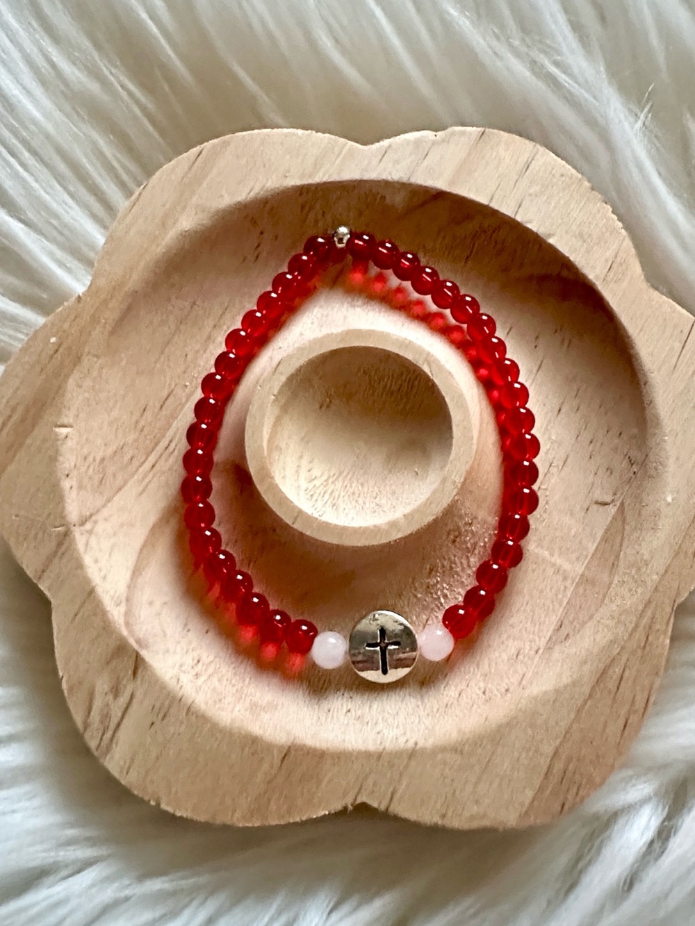 Handmade Red Beaded Cross Charm Bracelet